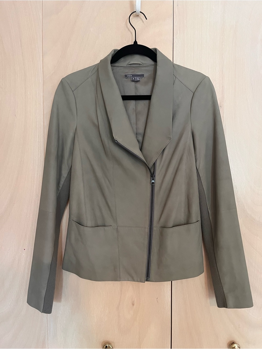 Vince Olive Leather Asymmetrical Zip Jacket